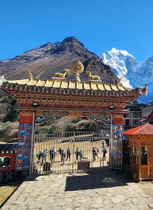 Tengboche Monastery gate below the Himalaya